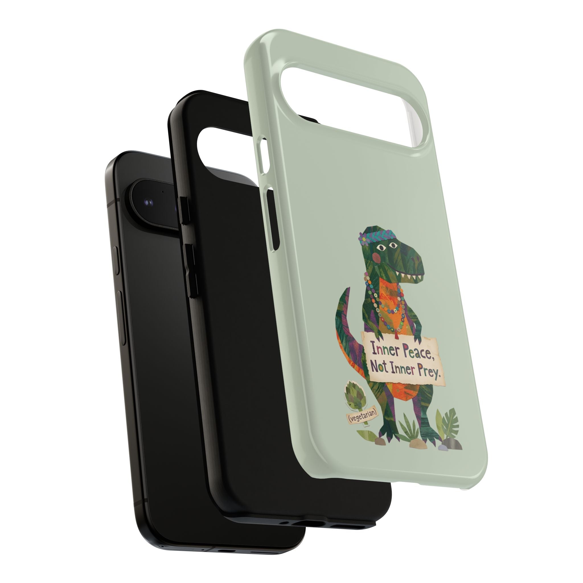 Funny T Rex Tough Google Pixel Phone Case | Sage Green Inner Peace Dinosaur Cover