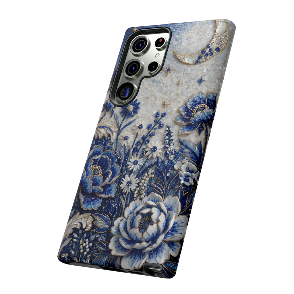 Blue Floral Moon Samsung Galaxy Phone Case | Vintage Botanical Night Sky Protective Case
