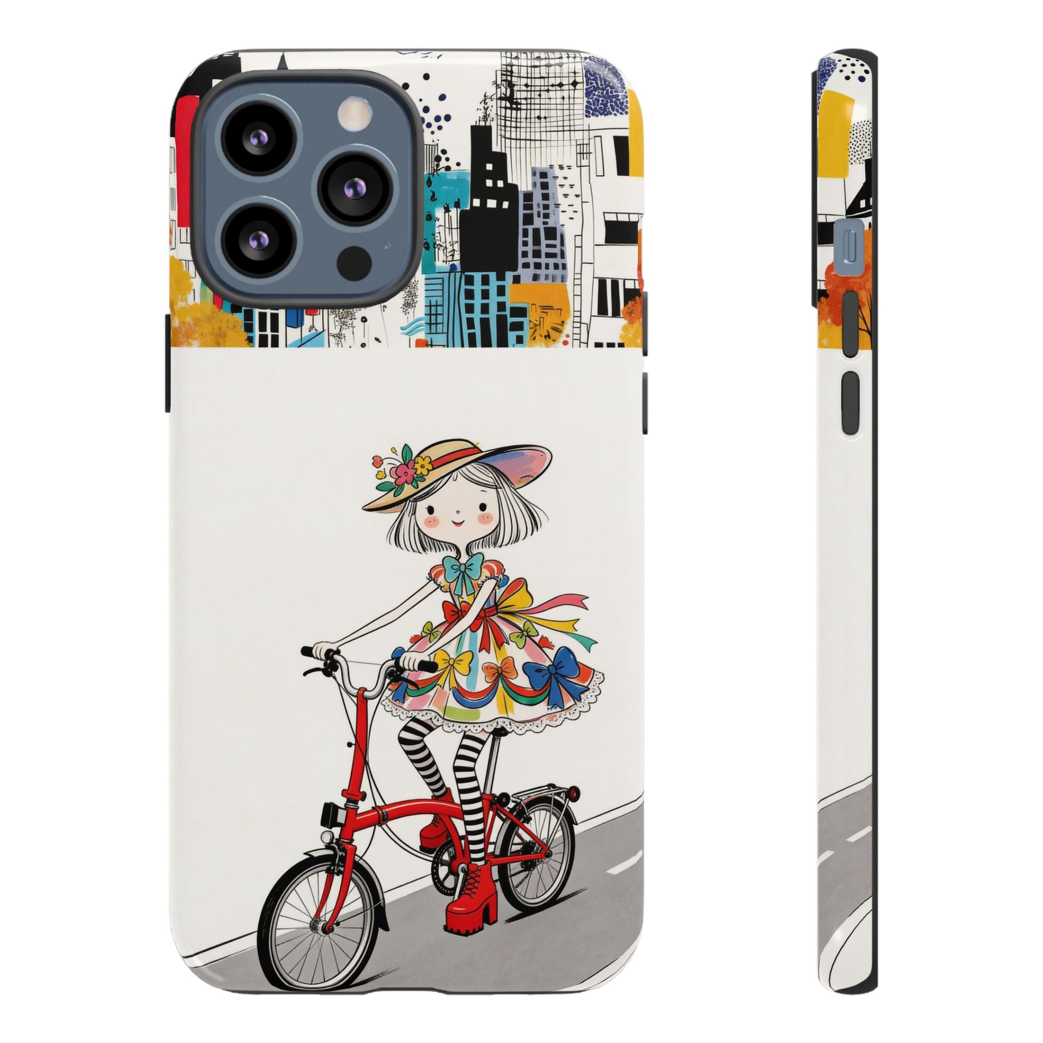 Whimsical Girl on Brompton Bicycle Urban Illustration iPhone Case