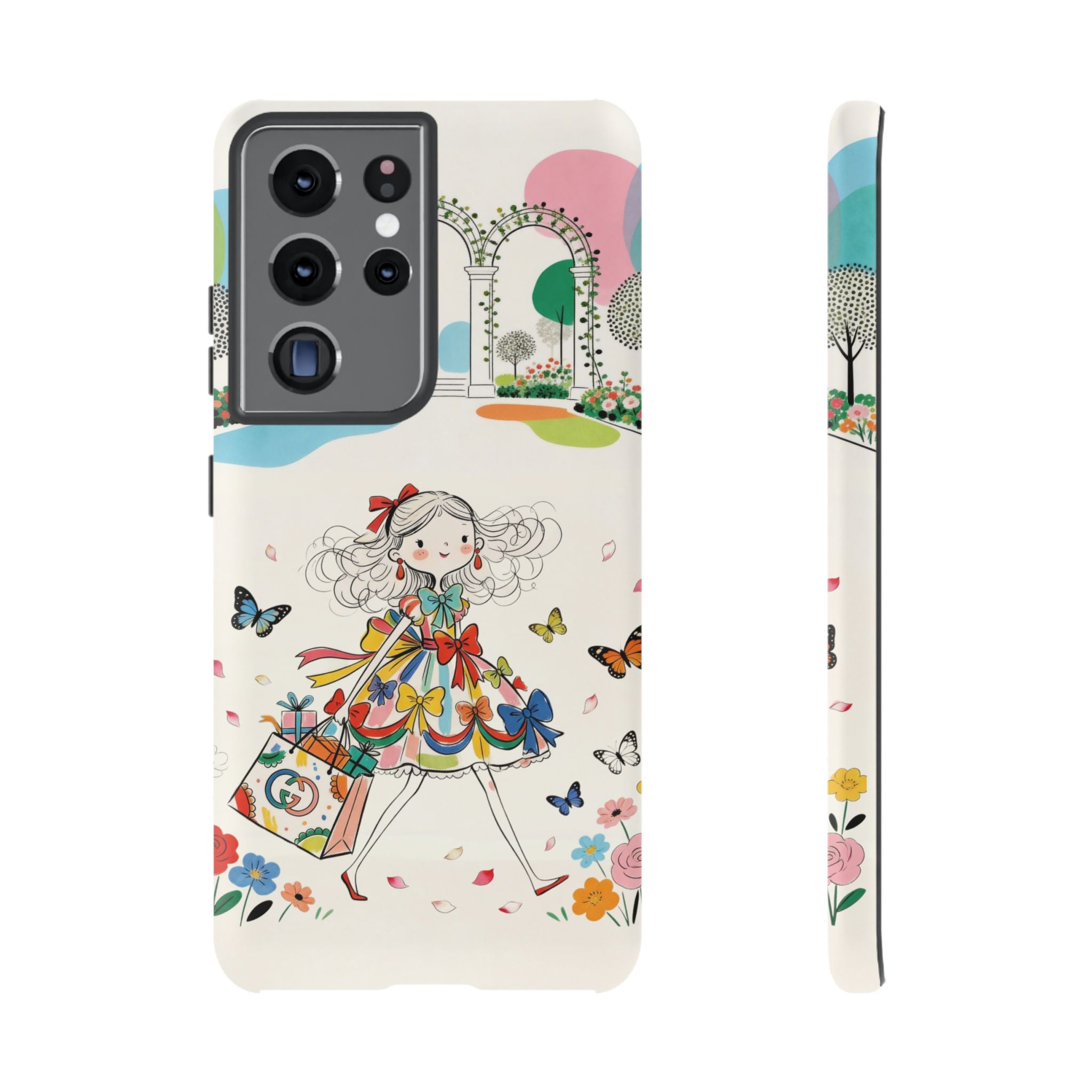 Whimsical Shopping Girl Samsung Galaxy Phone Case | Cute Floral Butterfly Tough Case