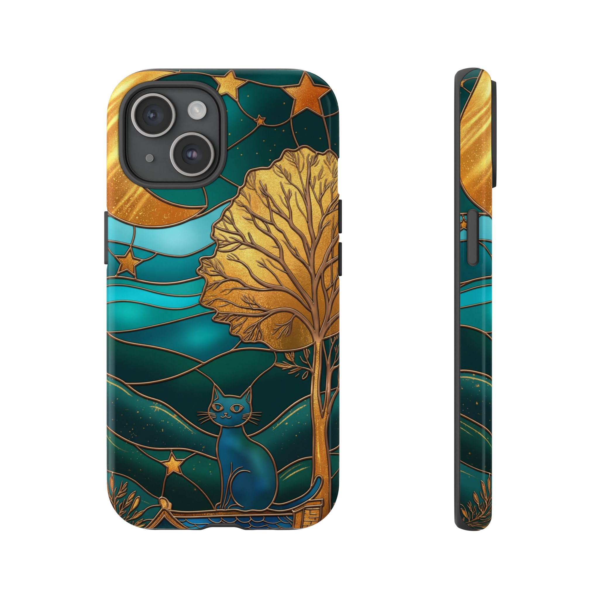 Stained Glass Cat Tough iPhone Case — Gold Tree & Starry Night Design