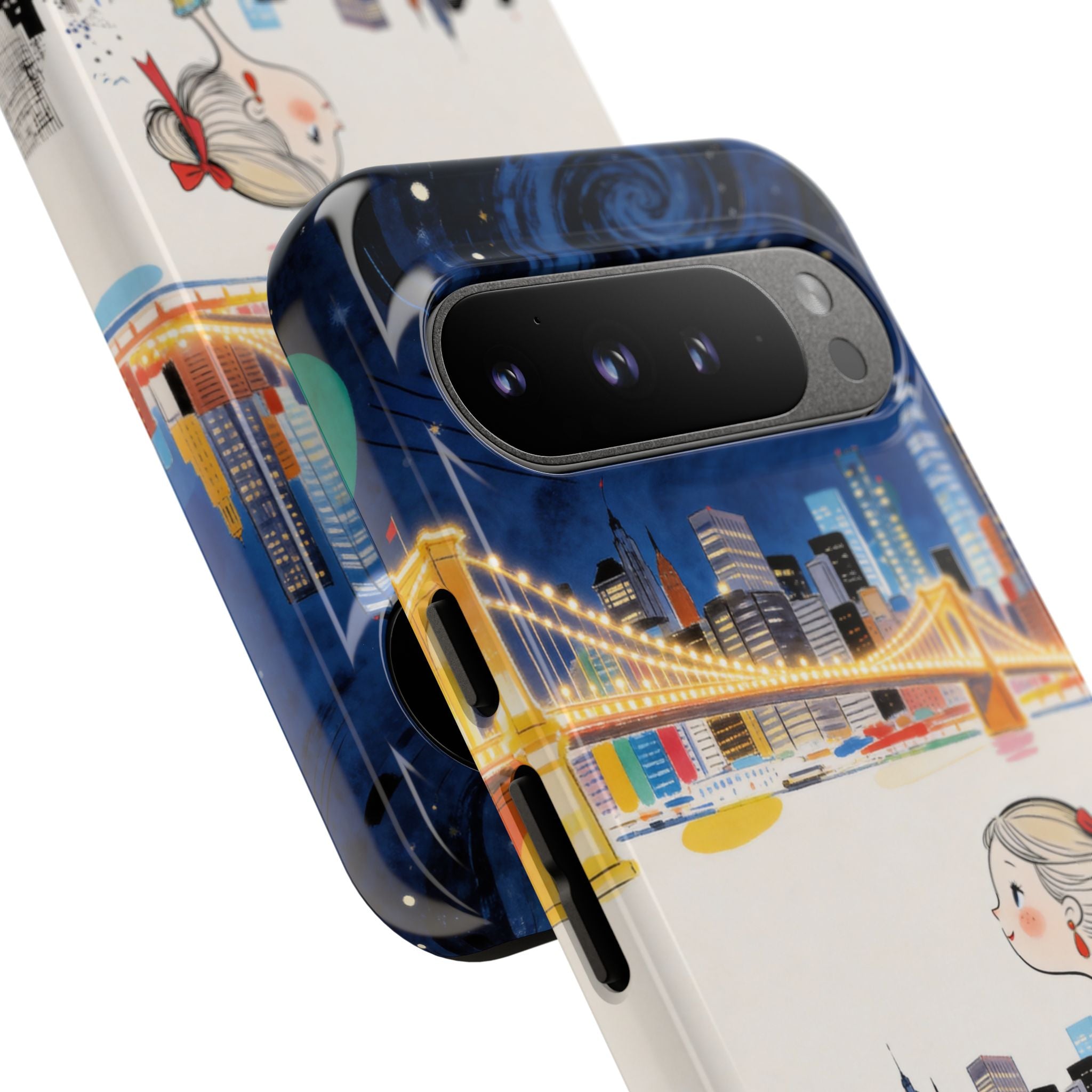 City Night Google Pixel Phone Case | Cute Girl & Dog Bench Illustration