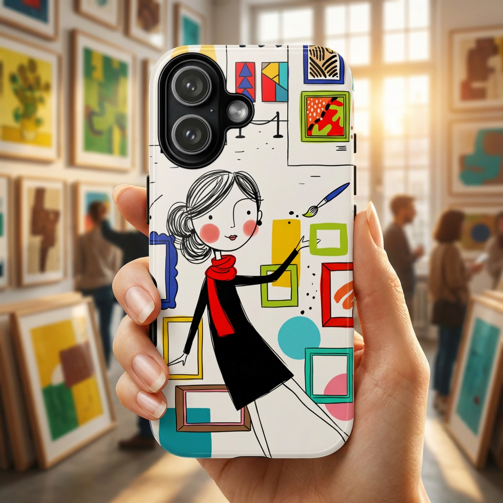 Cover per iPhone con illustrazione di galleria d'arte | Design con donna e cornici carine