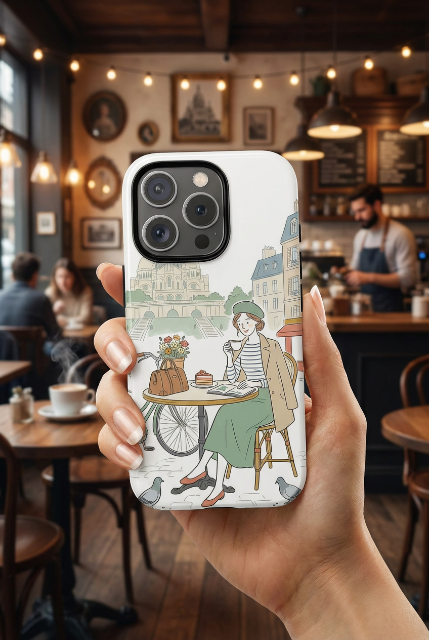 Paris Cafe Illustration MagSafe iPhone Case | Vintage Bicycles & Pigeons Protective Cover