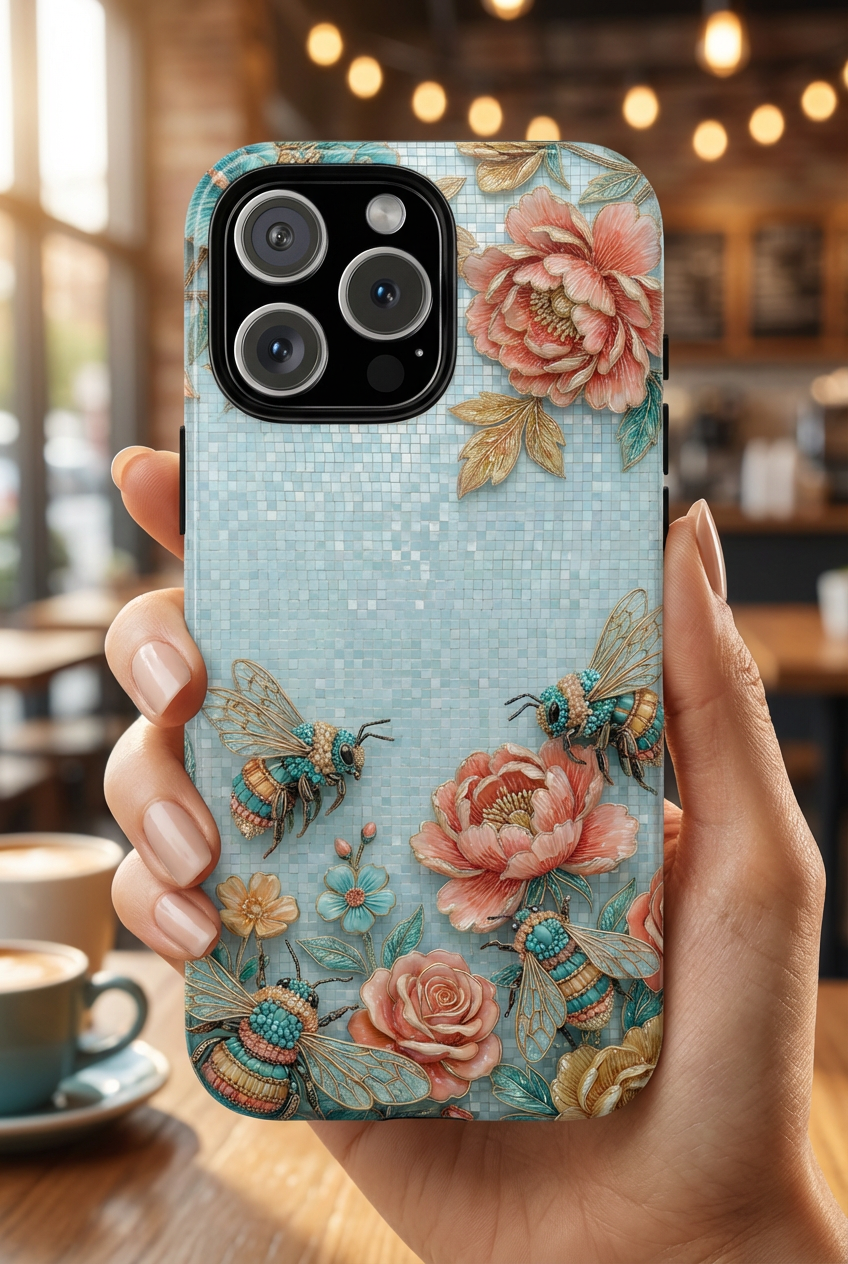 Floral Bees MagSafe iPhone Case | Vintage Rose & Turquoise Protective Cover