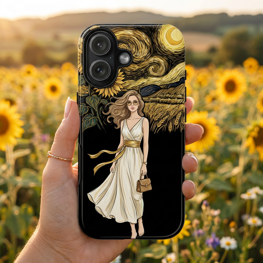 Sunflower Night MagSafe iPhone Case | Woman in Flowing Dress Van Gogh Style
