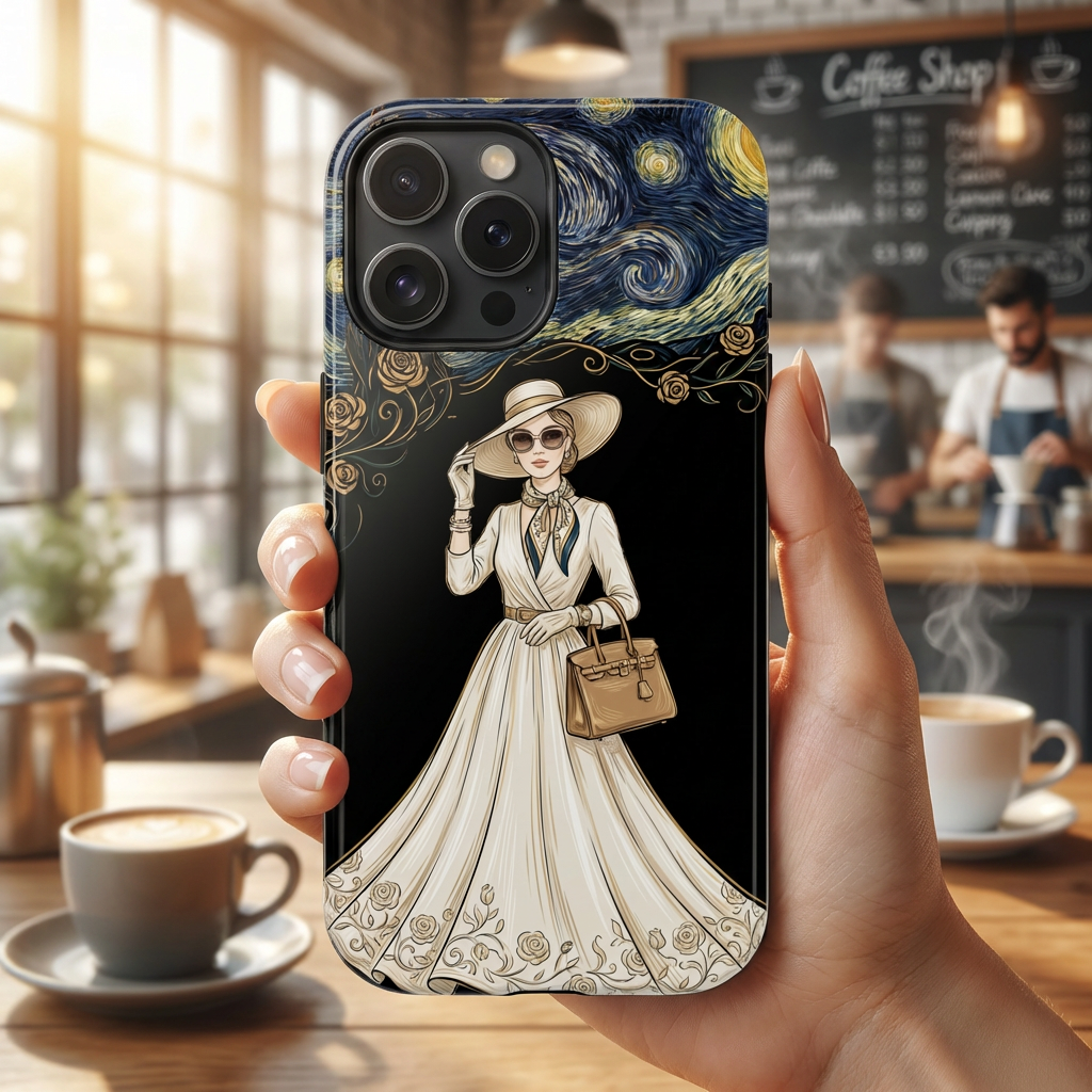 Vintage Starry Night Fashion MagSafe iPhone Case | Elegant Lady in White Dress