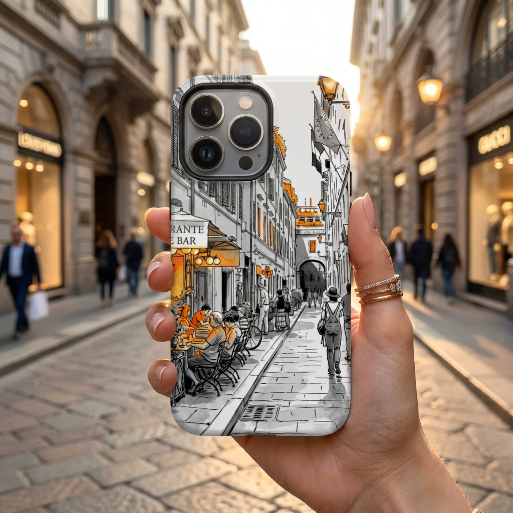 Italy Street Scene iPhone Case | Tough MagSafe Case with Orange Accent