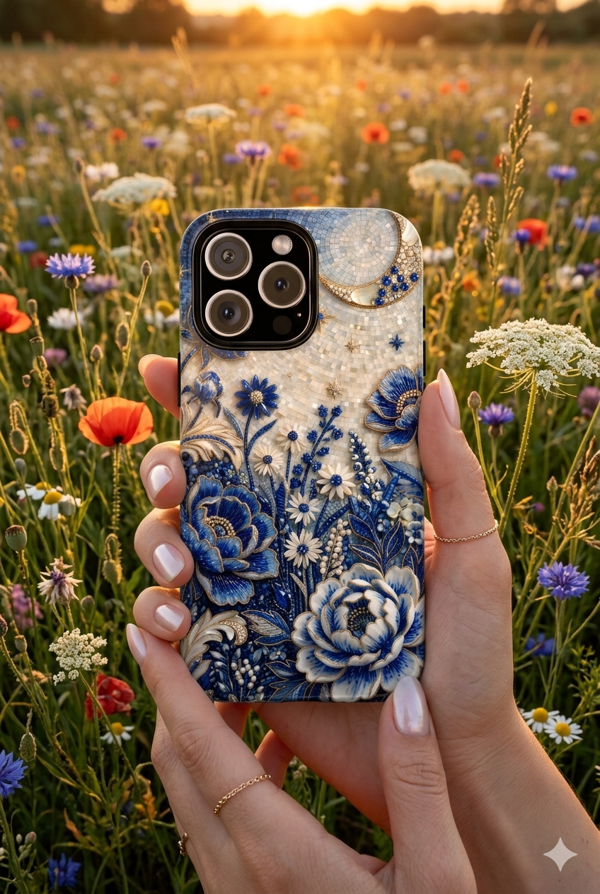 Blue Floral Moon MagSafe iPhone Case | Vintage Botanical Night Sky Protective Case