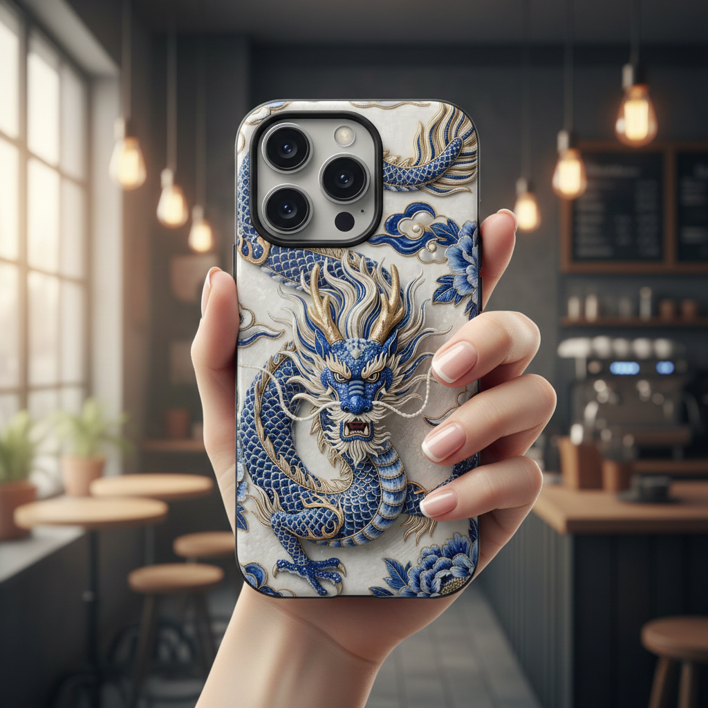 Custodia MagSafe per iPhone Drago Zodiaco Asiatico | Lussuosa Custodia Protettiva in Porcellana Blu e Bianca | Regalo Anno del Drago