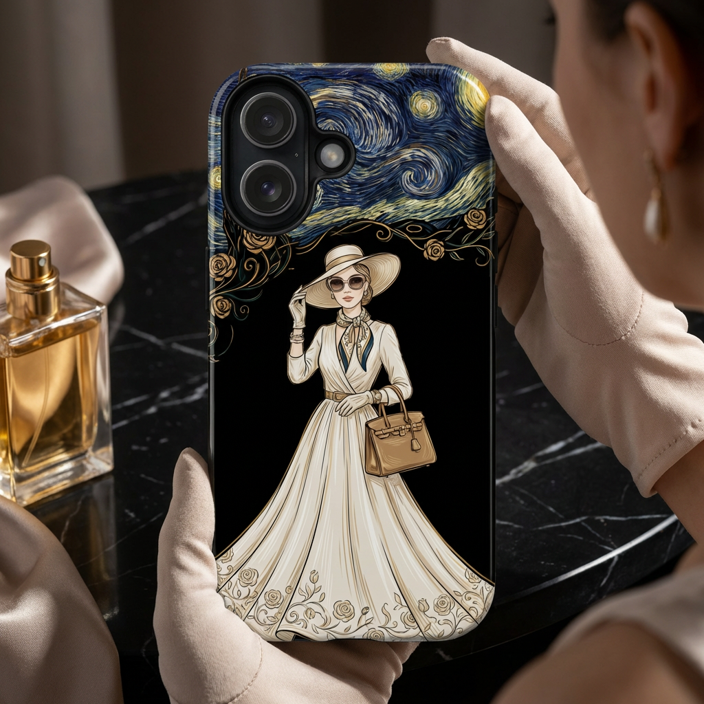 Vintage Starry Night Fashion MagSafe iPhone Case | Elegant Lady in White Dress