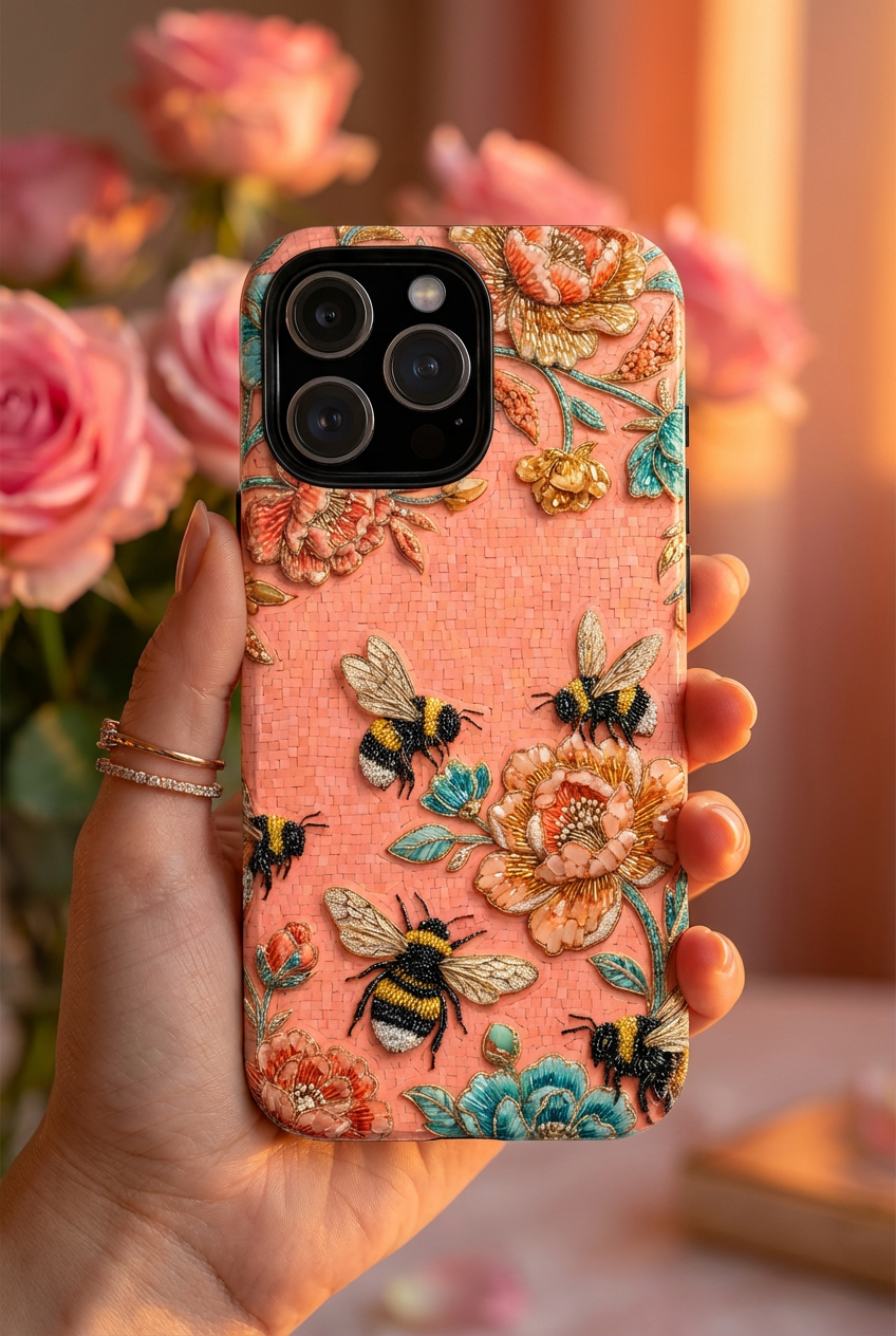 Floral Bee Tough iPhone Case | Vintage Pink Garden Protective Cover