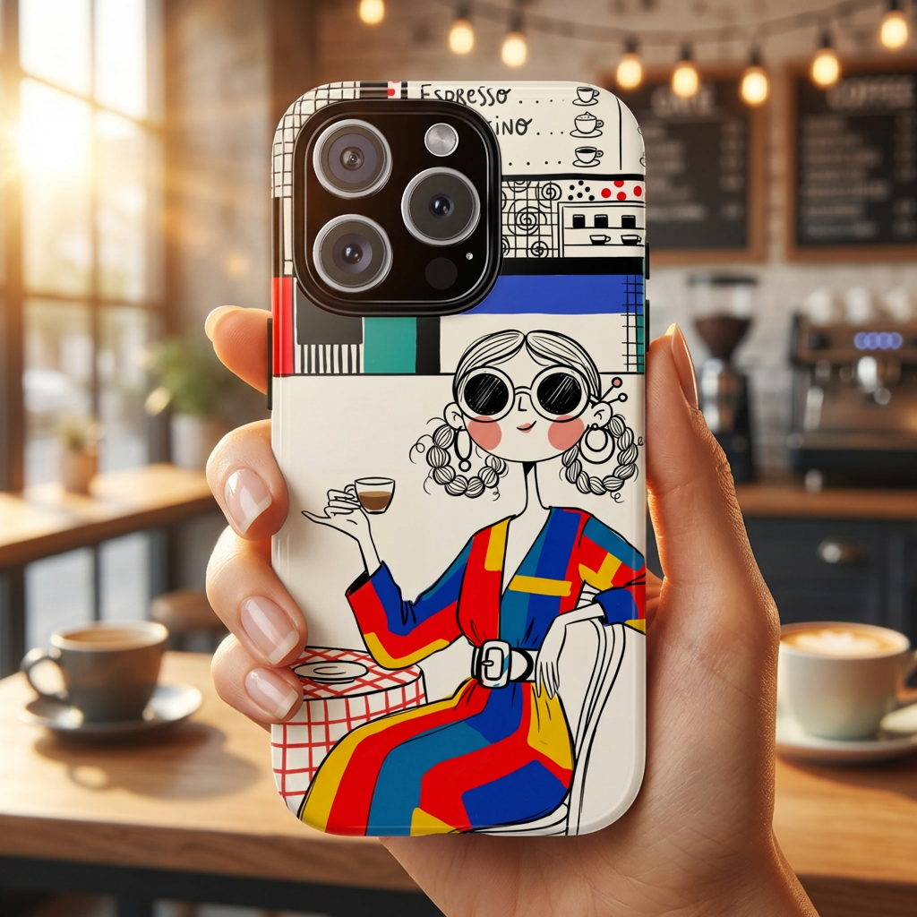 Retro Cafe iPhone Case | Colourful Chic Woman Illustration