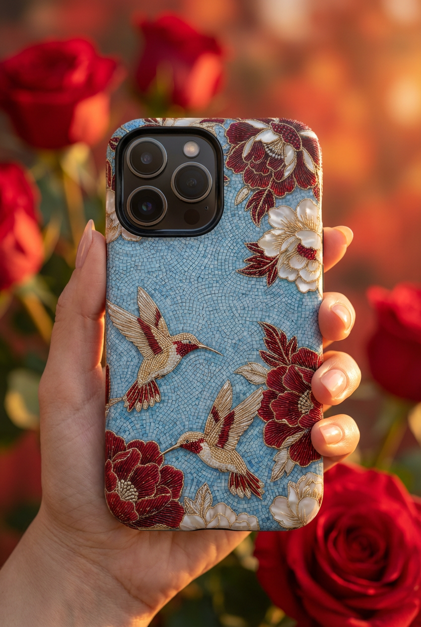 Custodia resistente per iPhone Colibrì floreale | Design botanico vintage blu e bordeaux