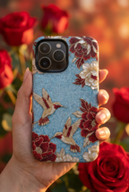 Custodia resistente per iPhone Colibrì floreale | Design botanico vintage blu e bordeaux