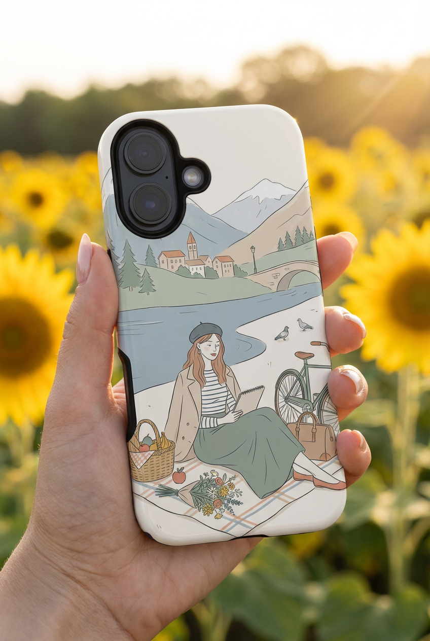 Scenic Picnic MagSafe iPhone Case | Vintage Bicycle & Mountain Illustration