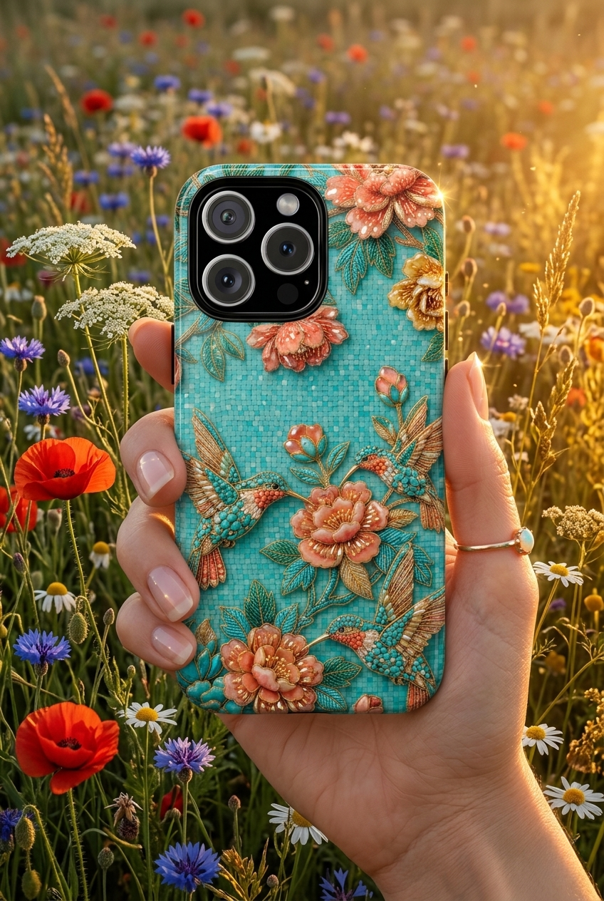 Floral Hummingbird Tough iPhone Case | Turquoise Embroidered Garden Design