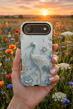 Blue Crane Floral iPhone Case | Vintage Embossed Bird Design