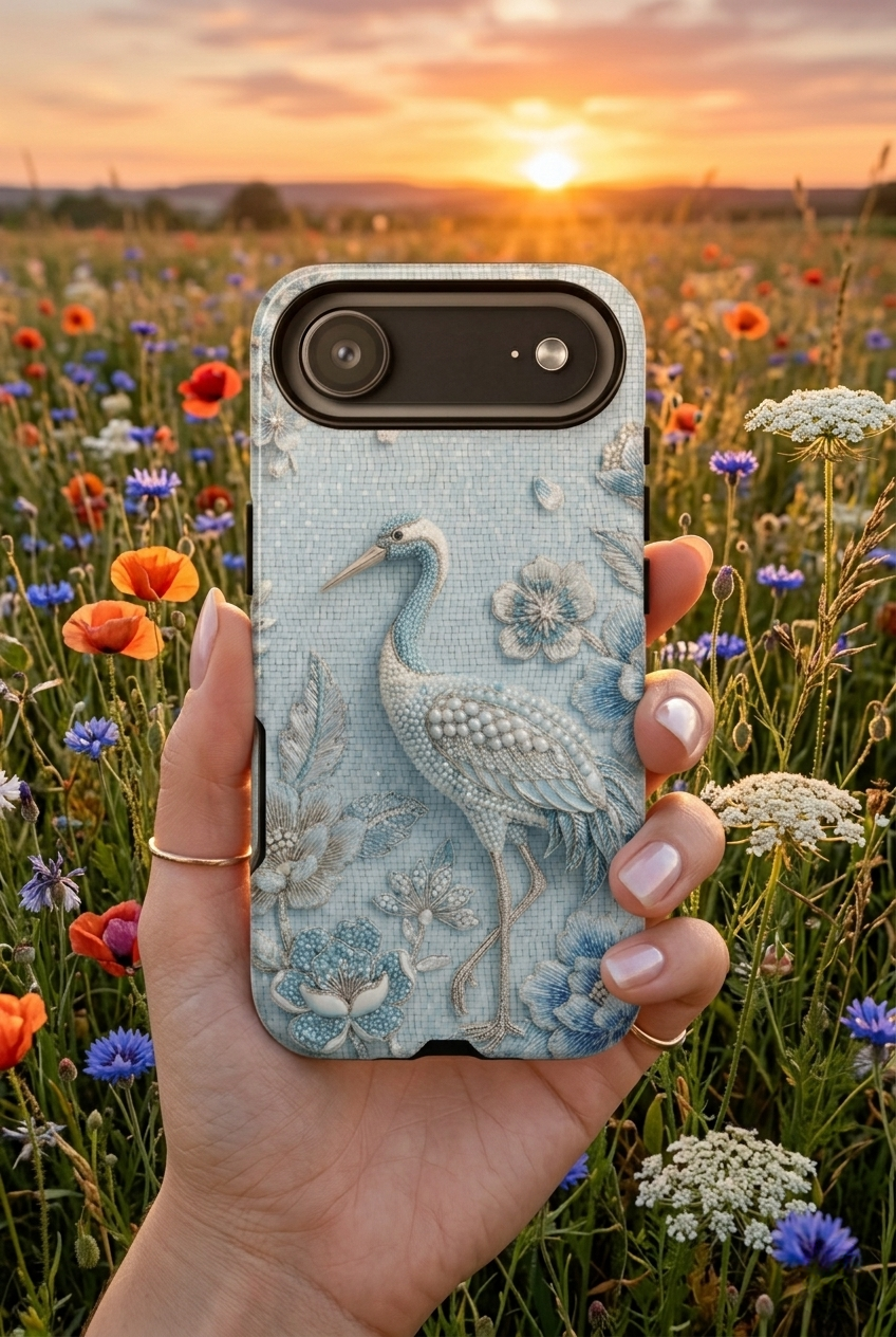 Blue Crane Floral iPhone Case | Vintage Embossed Bird Design