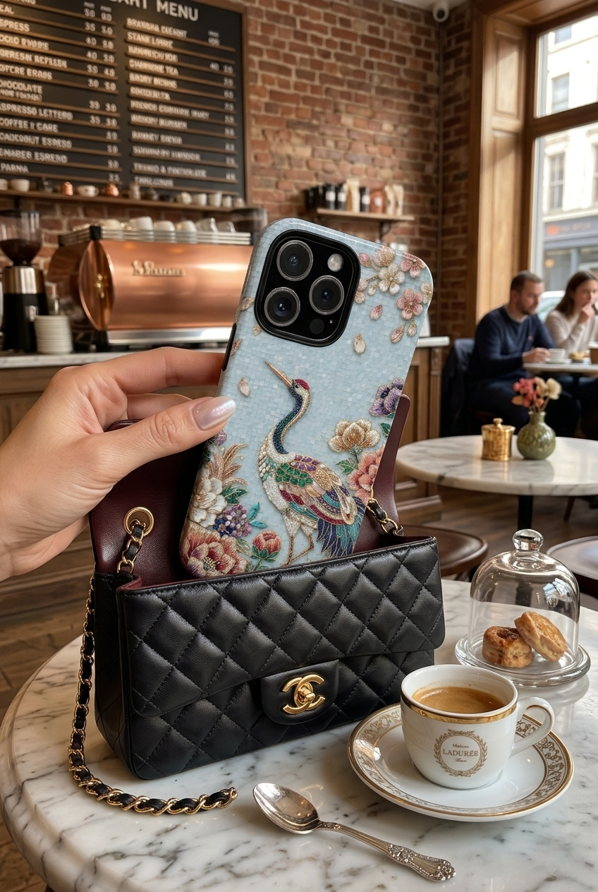 Floral Crane Tough iPhone Case | Vintage Embroidered Bird Protection