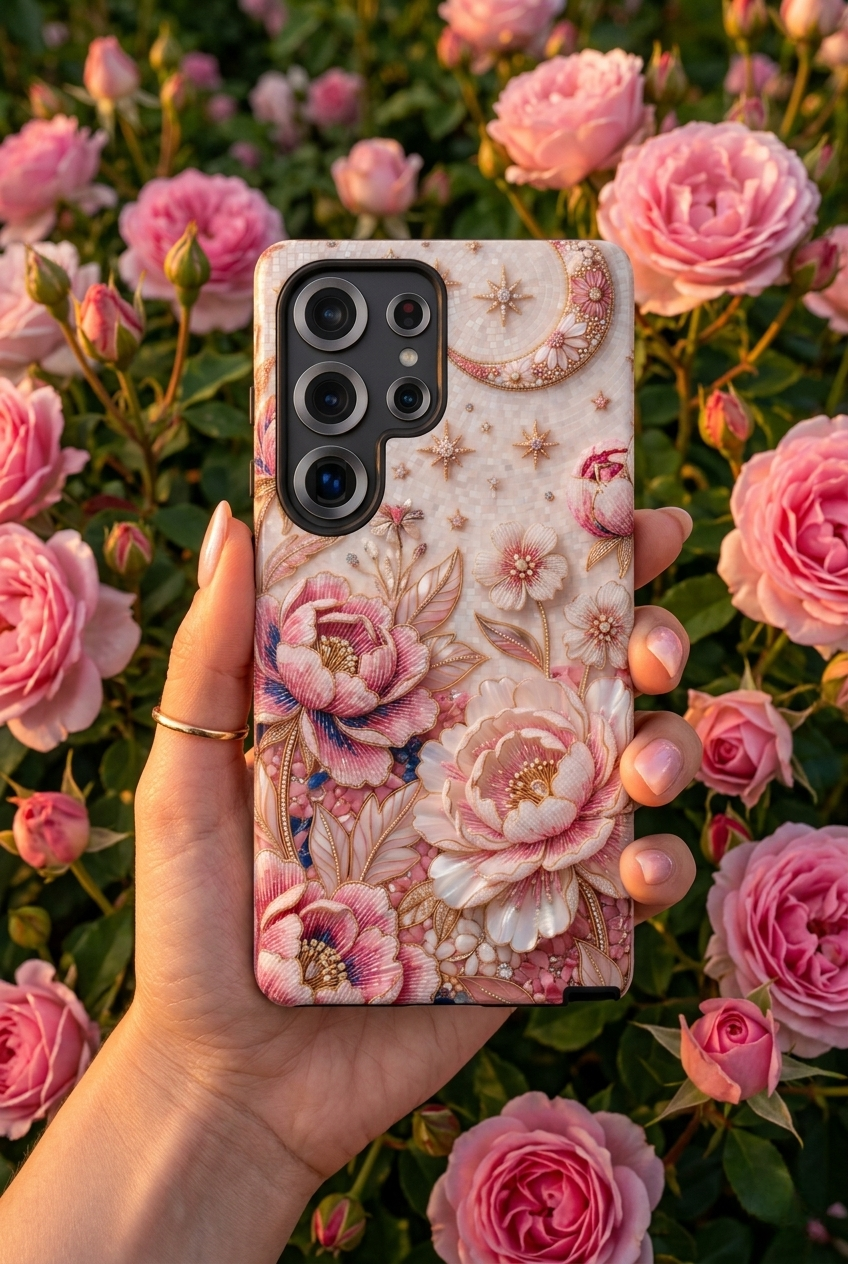 Custodia Rigida per Telefono Samsung Galaxy Floral Moon | Cover Protettiva con Peonia Rosa Vintage