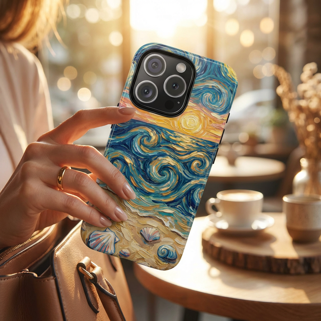 Sea Sunset iPhone Case — Van Gogh‑Style Beach Waves with Shells
