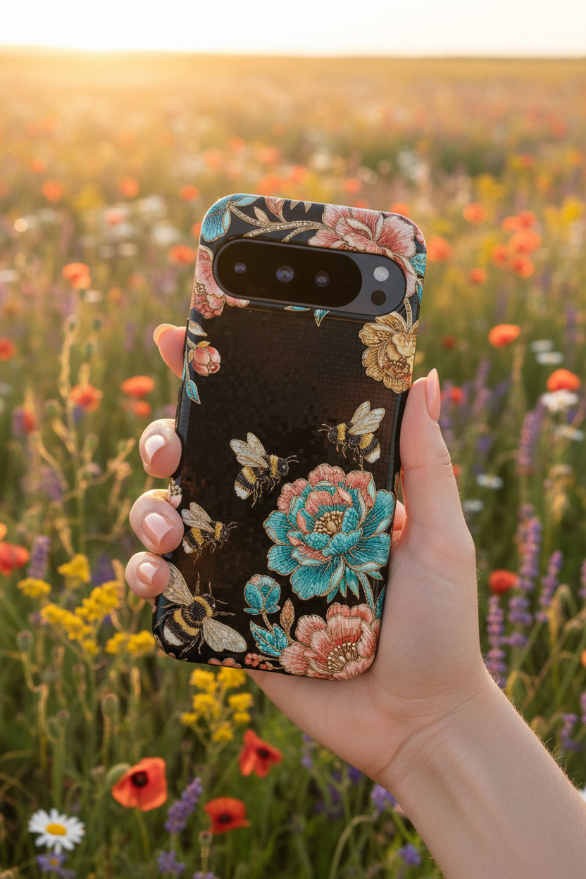 Floral Bees Tough Google Pixel Phone Case | Vintage Rose & Bumblebee Protective Cover