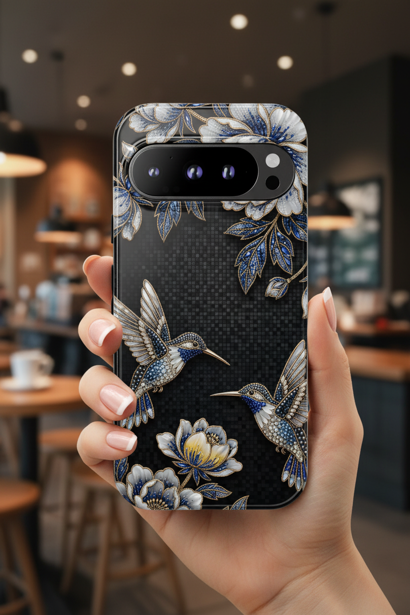 Hummingbird & Peony Floral Google Pixel Phone Case | Elegant Black Protective Cover