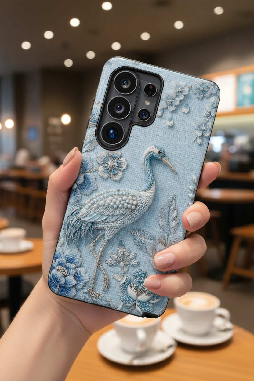 Blue Crane Floral Samsung Galaxy Phone Case | Vintage Embossed Bird Design