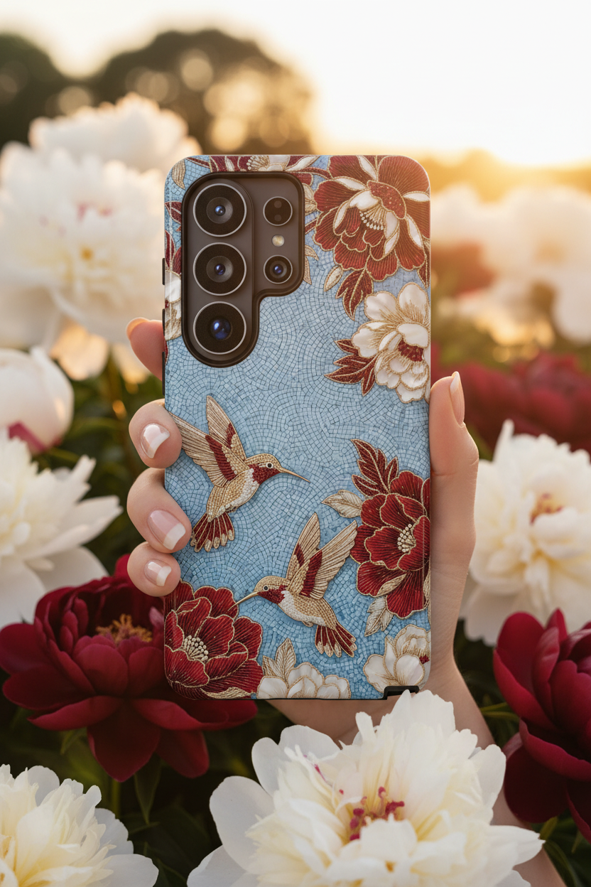 Floral Hummingbird Tough Samsung Galaxy Phone Case | Vintage Blue & Burgundy Botanical Design