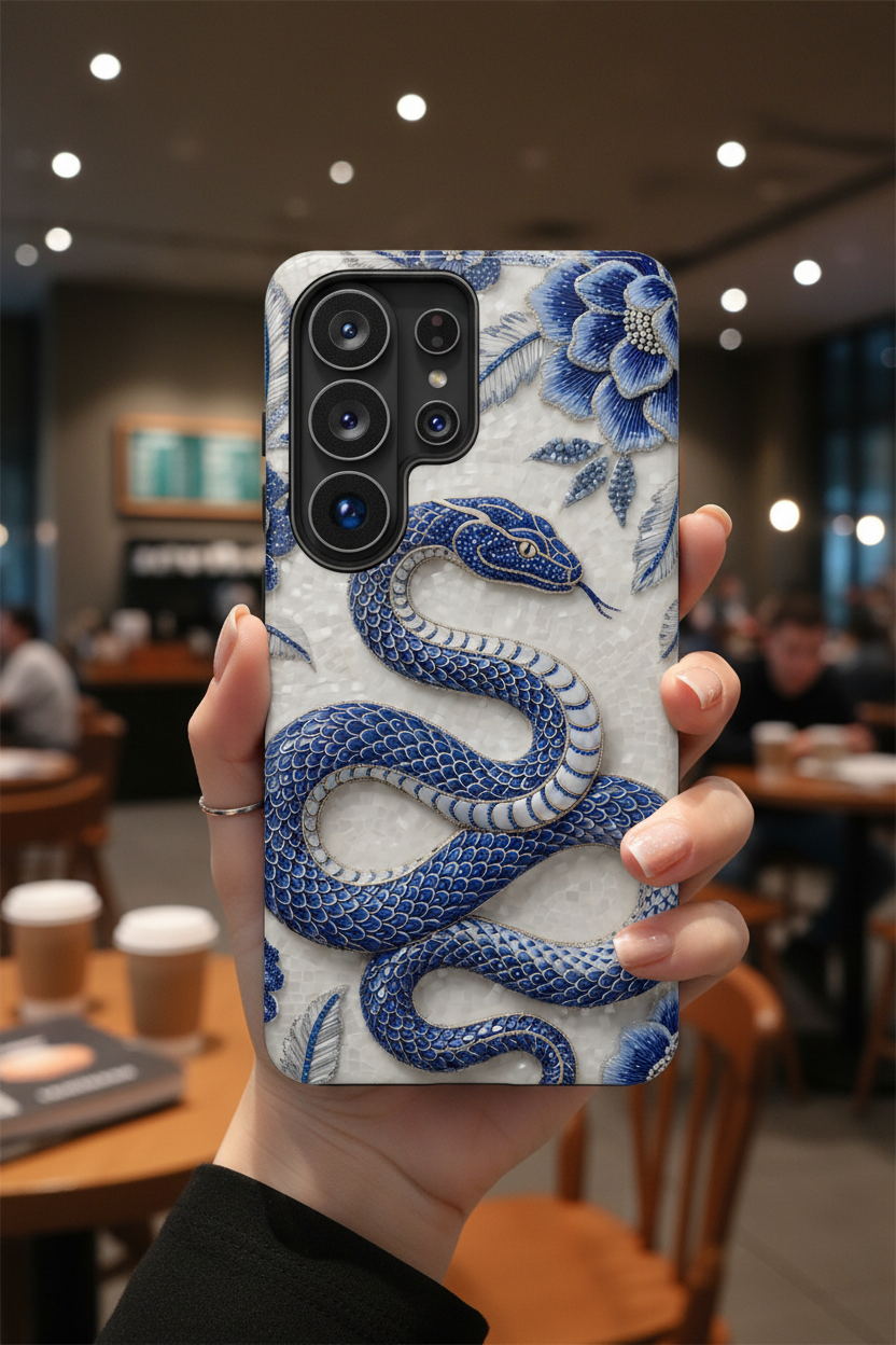 Asian Zodiac Snake Samsung Galaxy Phone Case | Blue & White Porcelain Slim Shockproof Case | Year of the Snake
