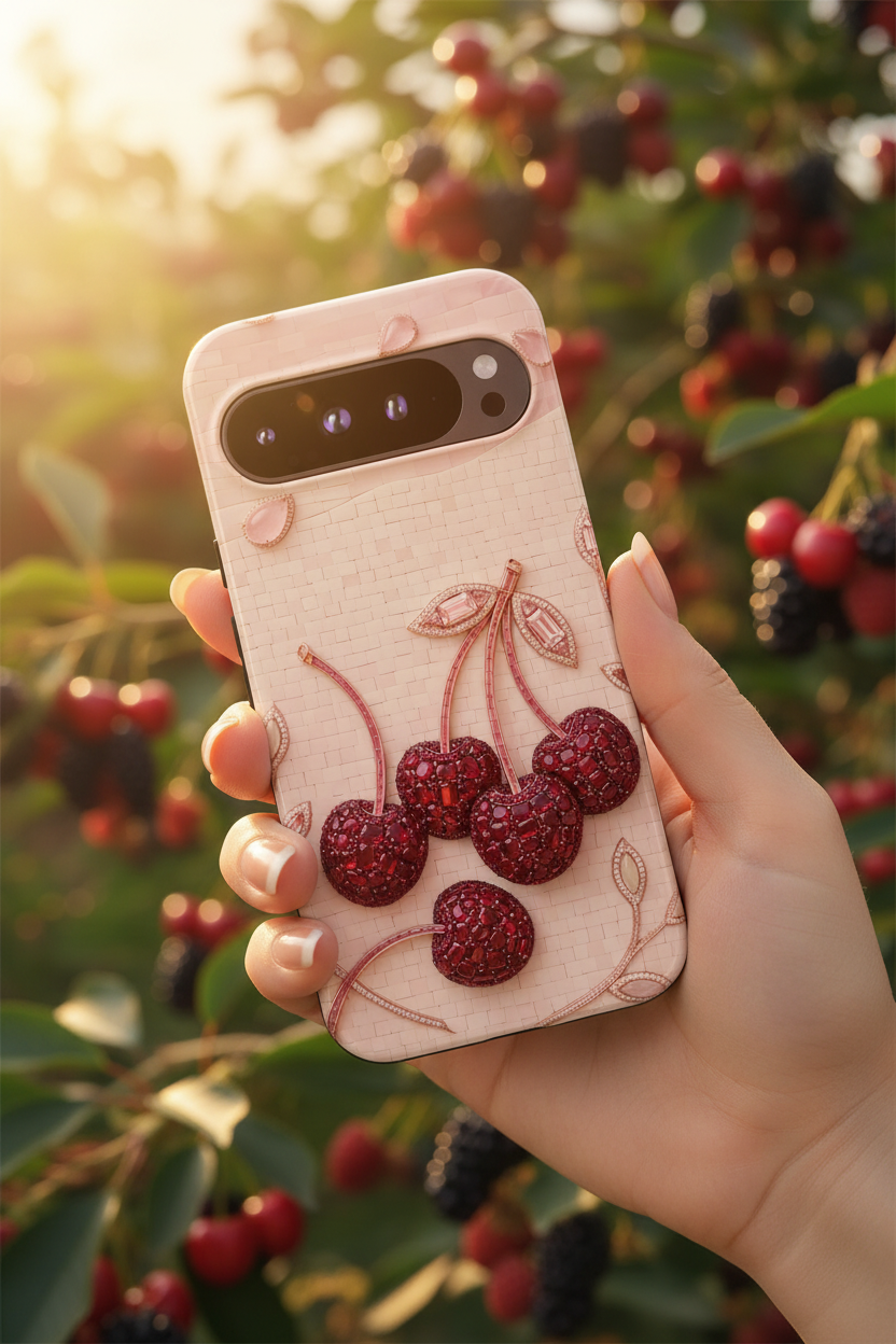 Cherry Embroidery Google Pixel Phone Case | Glitter Red Cherries Pattern
