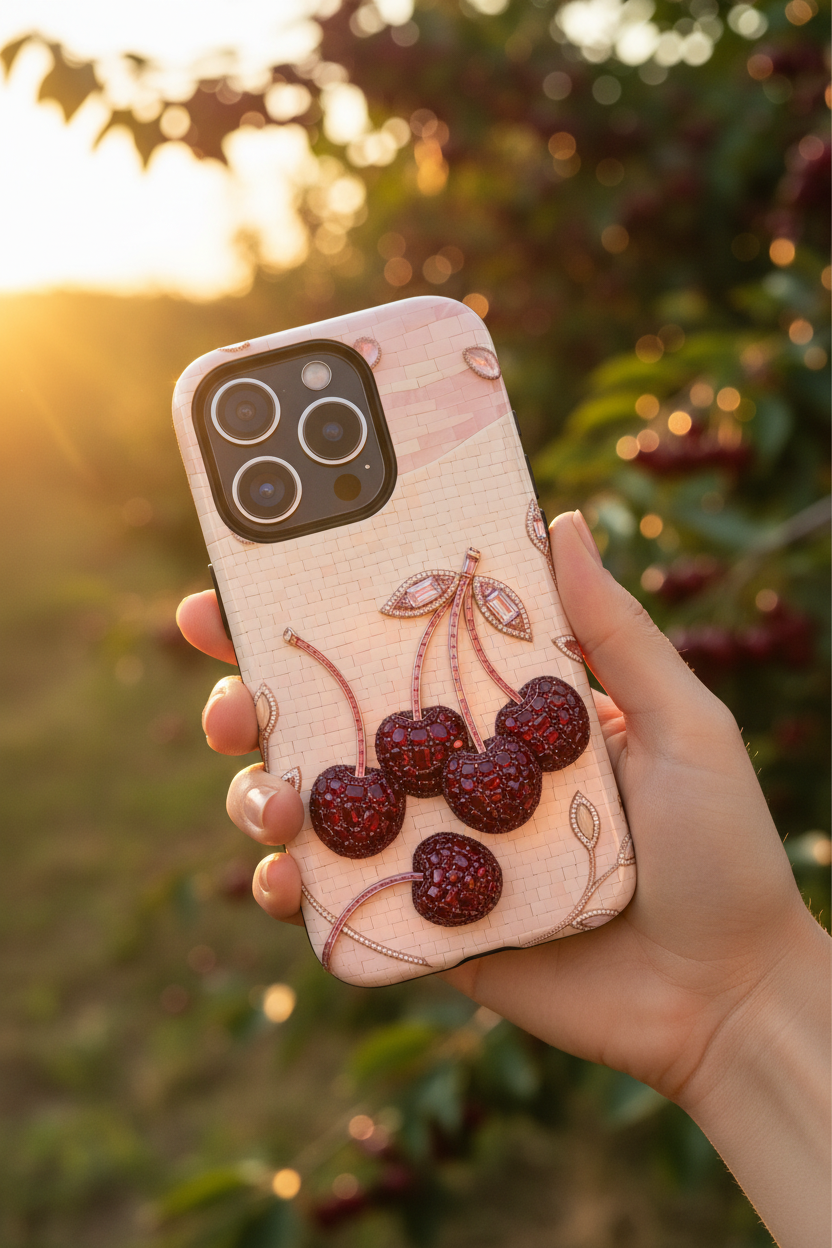 Cherry Embroidery iPhone Case | Glitter Red Cherries Pattern