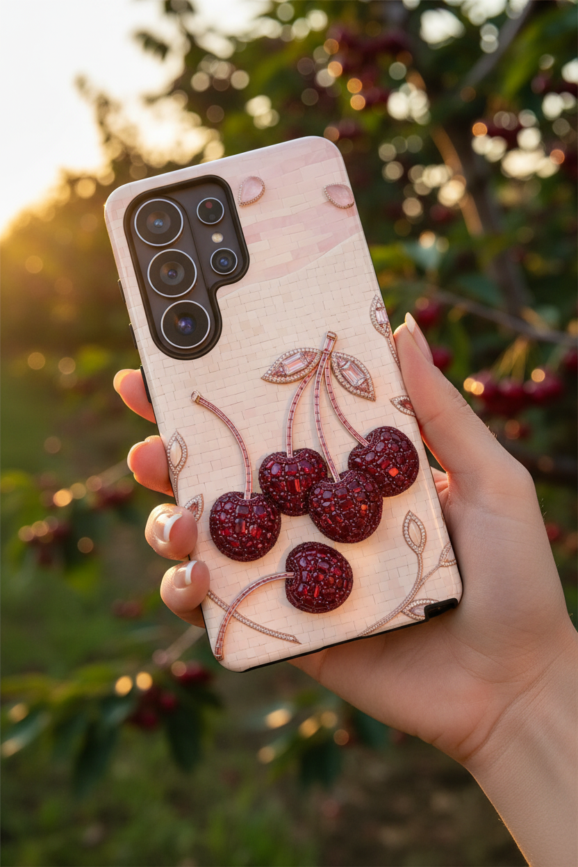 Cherry Embroidery Samsung Galaxy Phone Case | Glitter Red Cherries Pattern
