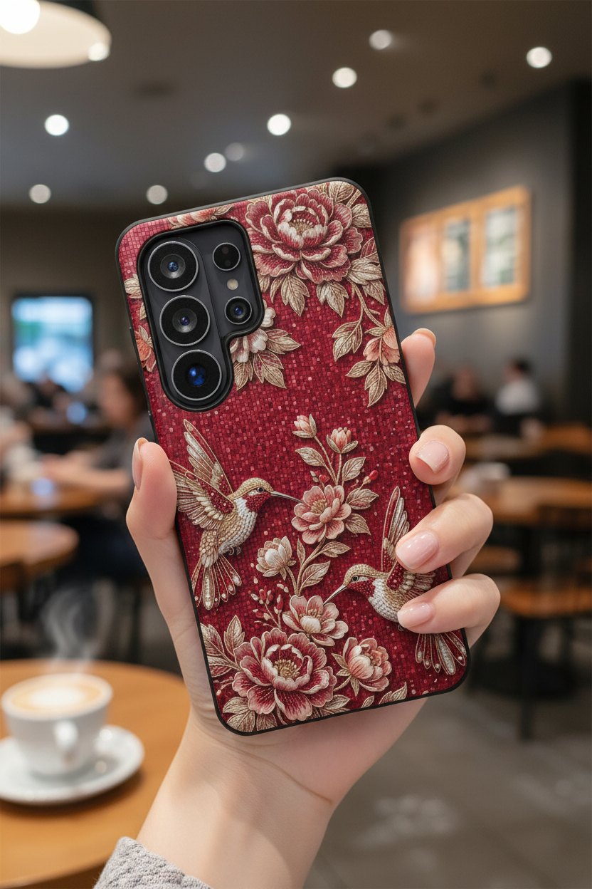 Cover Rigida Colibrì Floreale | Custodia Vintage Rossa per Samsung Galaxy