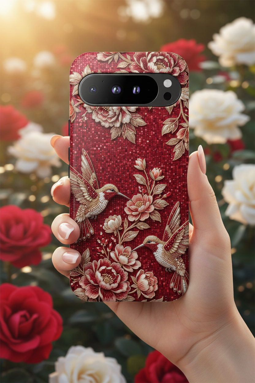 Floral Hummingbird Tough Case | Vintage Red Google Pixel Phone Case