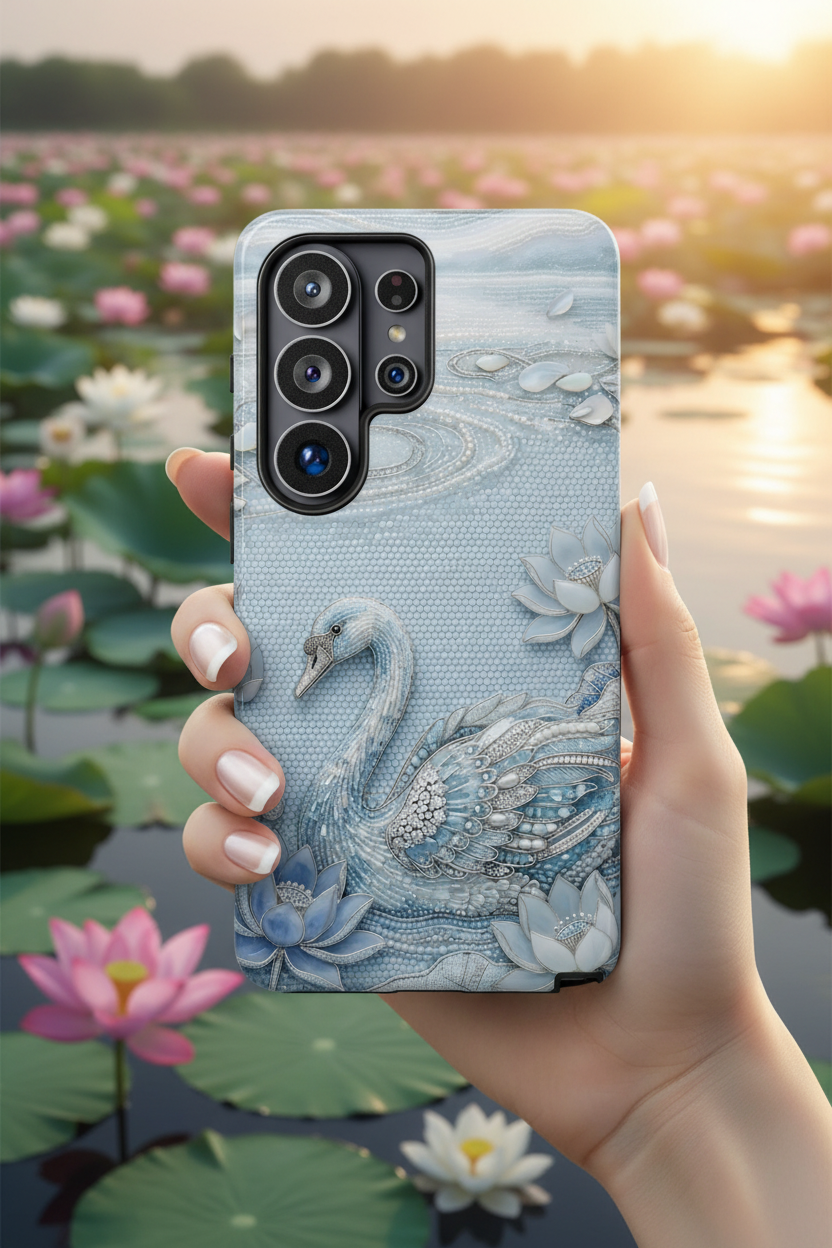 Swan Lake Floral Samsung Galaxy Phone Case | Sparkling Blue Swan Protective Case