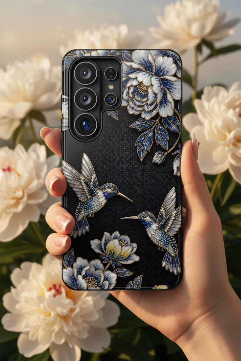 Hummingbird & Peony Floral Samsung Galaxy Phone Case | Elegant Black Protective Cover