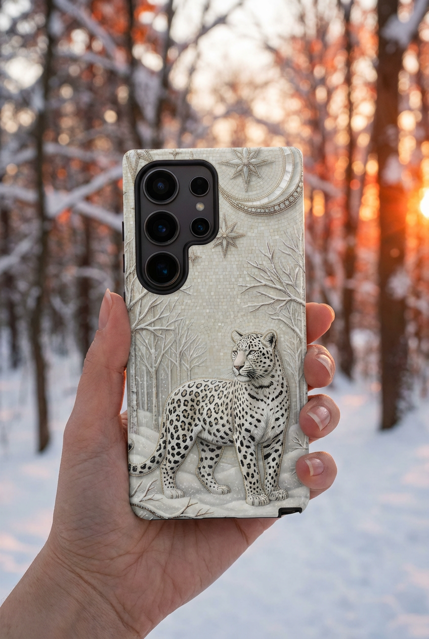 Snow Leopard Samsung Galaxy Phone Case | Winter Moon Forest Protective Phone Cover