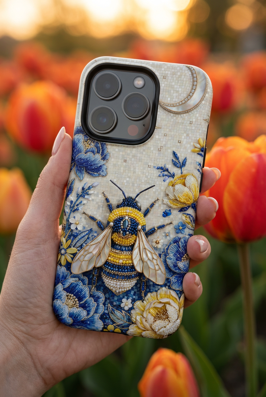 Floral Bee Tough MagSafe iPhone Case | Blue & Yellow Moon Garden Design