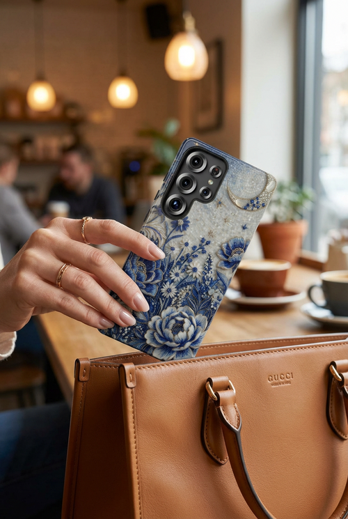 Blue Floral Moon Samsung Galaxy Phone Case | Vintage Botanical Night Sky Protective Case