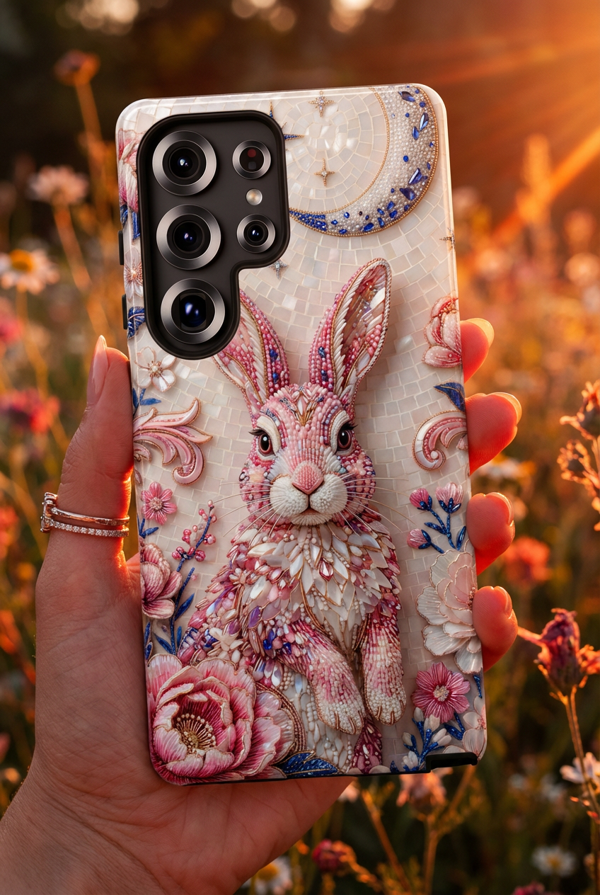 Floral Moon Rabbit Tough Samsung Galaxy Phone Case | Pink Boho Bunny Protective Cover