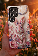 Floral Moon Rabbit Tough Samsung Galaxy Phone Case | Pink Boho Bunny Protective Cover