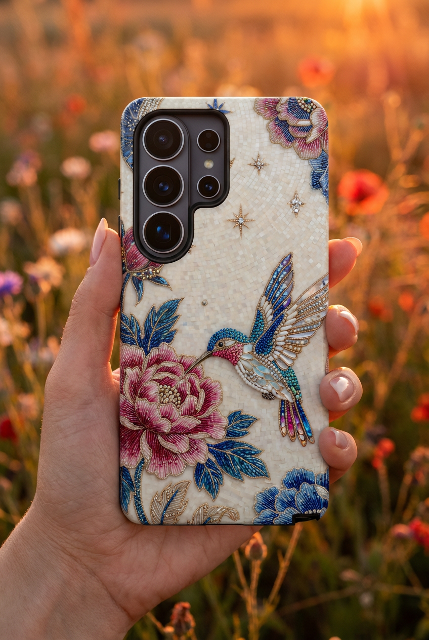 Cover Protettiva per Samsung Galaxy con Colibrì, Fiori e Rose in Stile Vintage