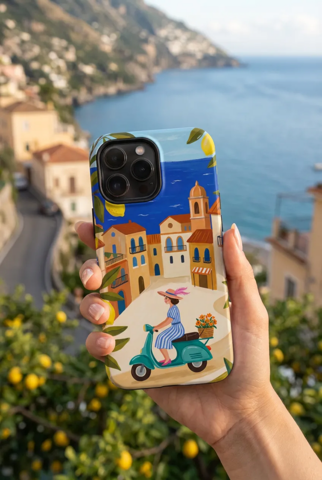 Mediterranean Scooter MagSafe iPhone Case | Coastal Lemon Grove Design