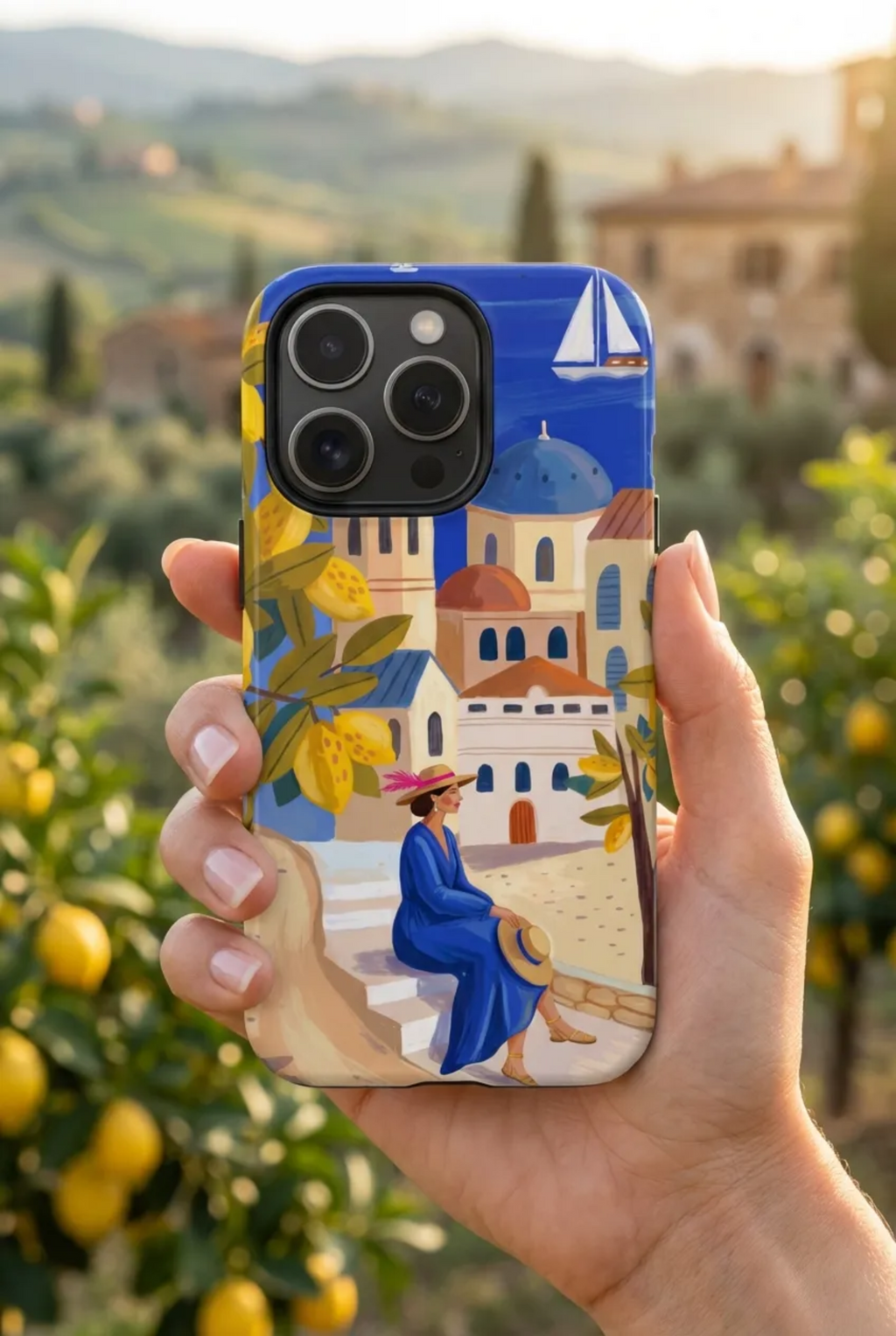 Mediterranean Village iPhone Case | Scenic Sailboat & Lemon Grove Design