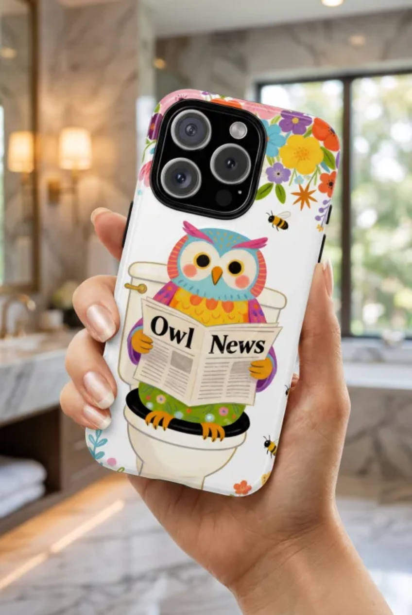 Owl News Floral MagSafe iPhone Case | Cute Owl Reading Newspaper on Toilet