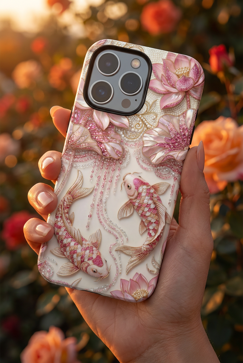 Custodia rigida Koi Lotus — Cover iPhone con pesci floreali rosa
