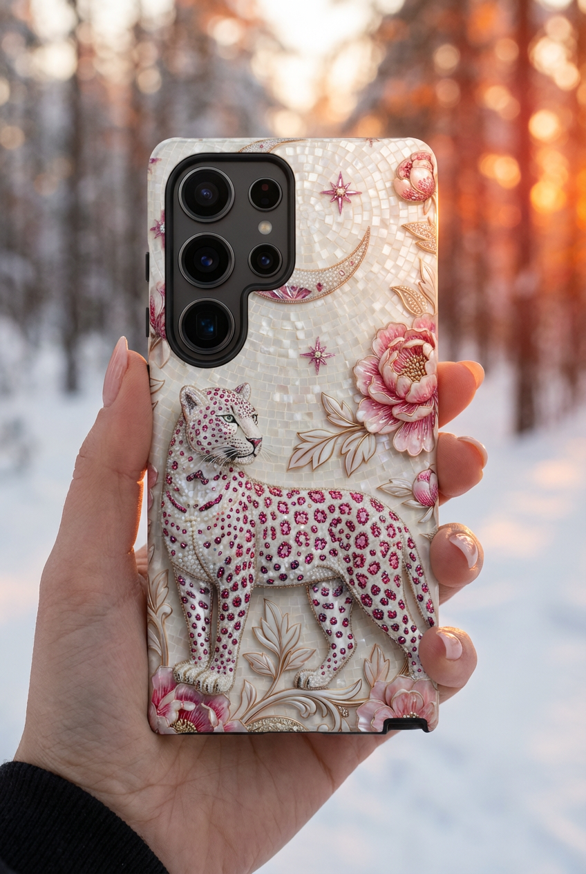 Custodia per telefono Samsung Galaxy Luna con Leopardo Floreale | Cover protettiva botanica vintage rosa