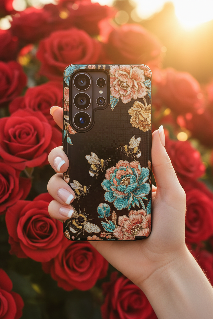 Floral Bees Tough Samsung Galaxy Phone Case | Vintage Rose & Bumblebee Protective Cover